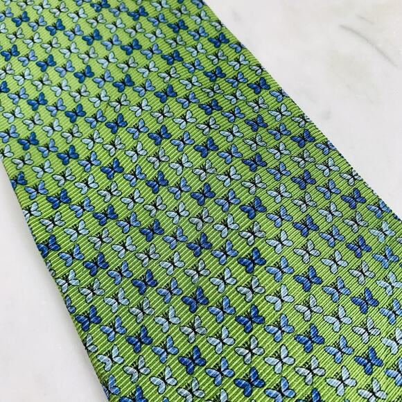 BROOKS BROTHERS 346 Tie Silk Necktie 58" x 3-3/4" Blue Butterfly on Green EUC - Picture 4 of 5
